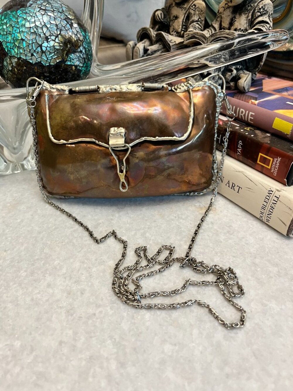 vintage 70s Brutalist sculptural mixed metal copper silver chain strap